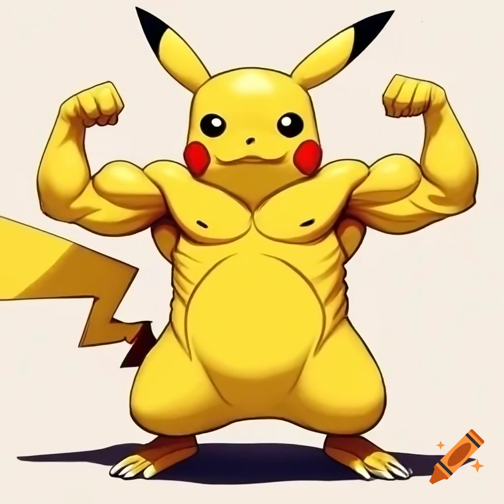 Muscular Pikachu flexing in full-length portrait, furry art style