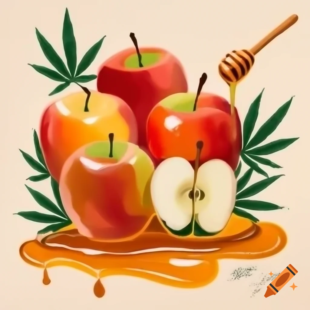 Abstract painting of apples, honey, and marijuana leaves