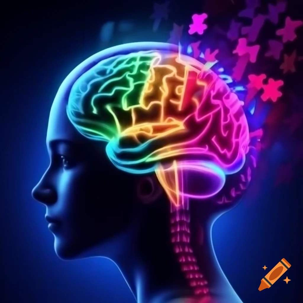 Modern stylized brain with colorful puzzle pieces in neon purple and pink