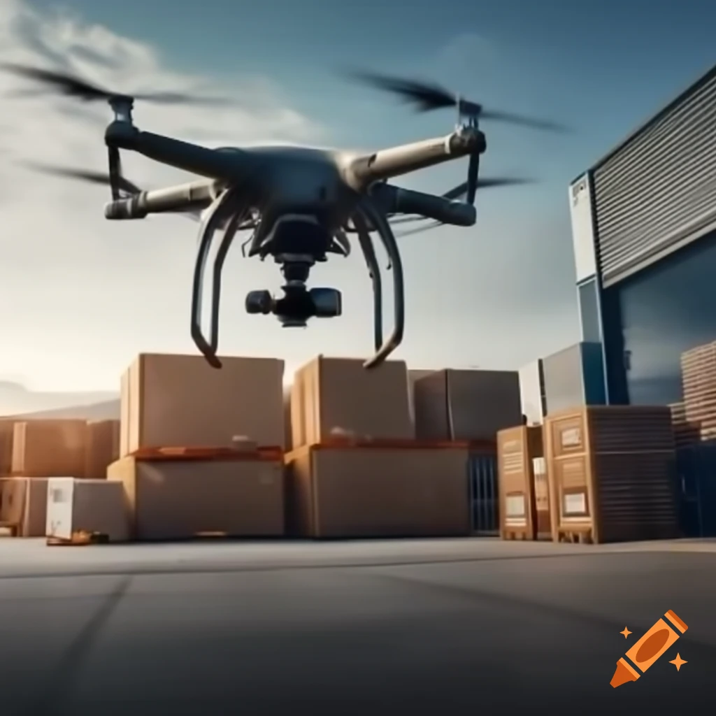 Cargo loading drone with cargo warehouse in background