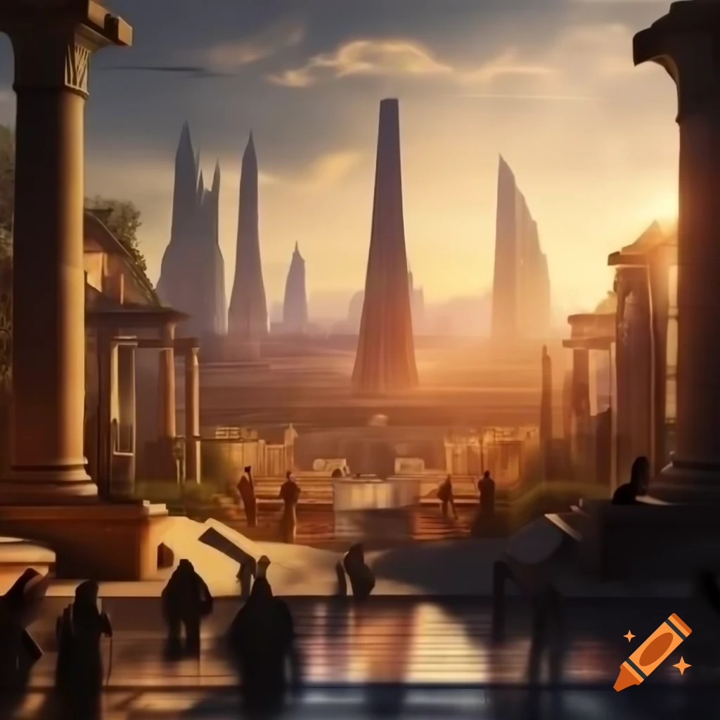 Futuristic city with skyscrapers and classical Greco-Roman architecture