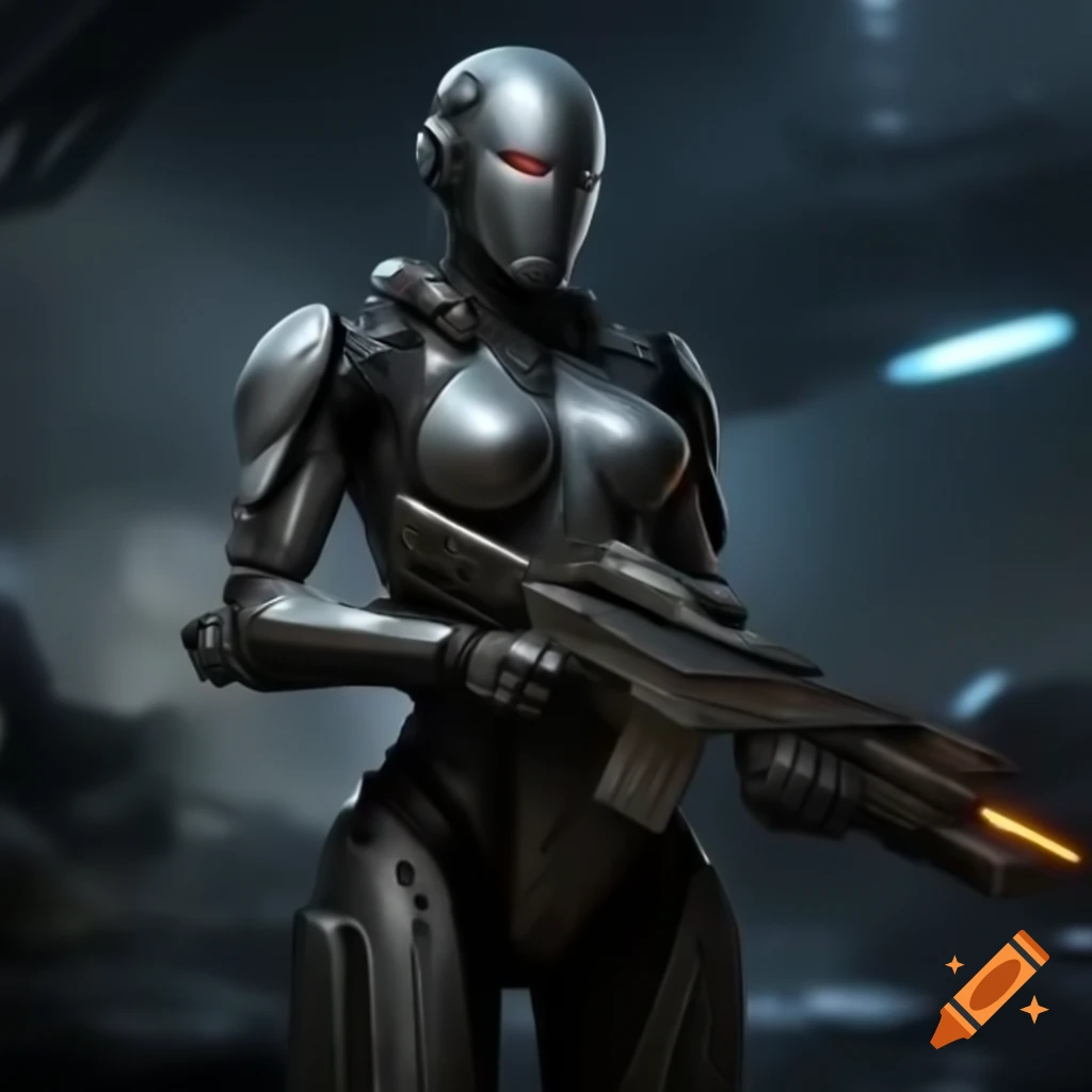 Cyborg warrior in armor with laser rifle on futuristic battlefield