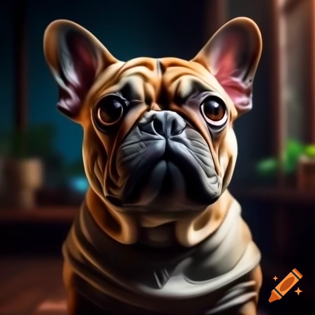 Anime portrait of cute French bulldog with fine details and shaded lighting
