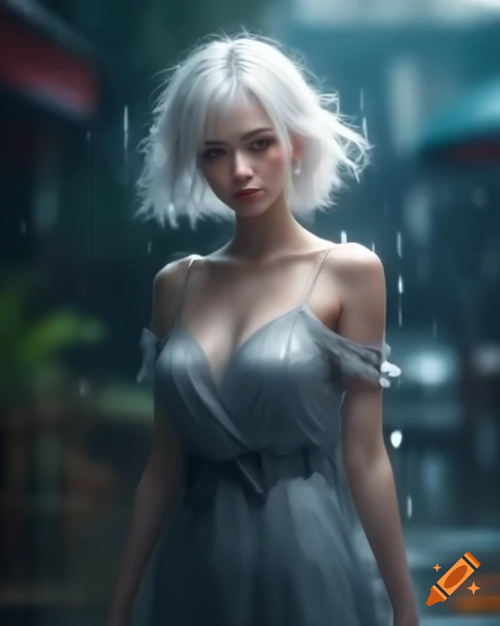 Anime woman with white hair in dress on rainy day, realistic style