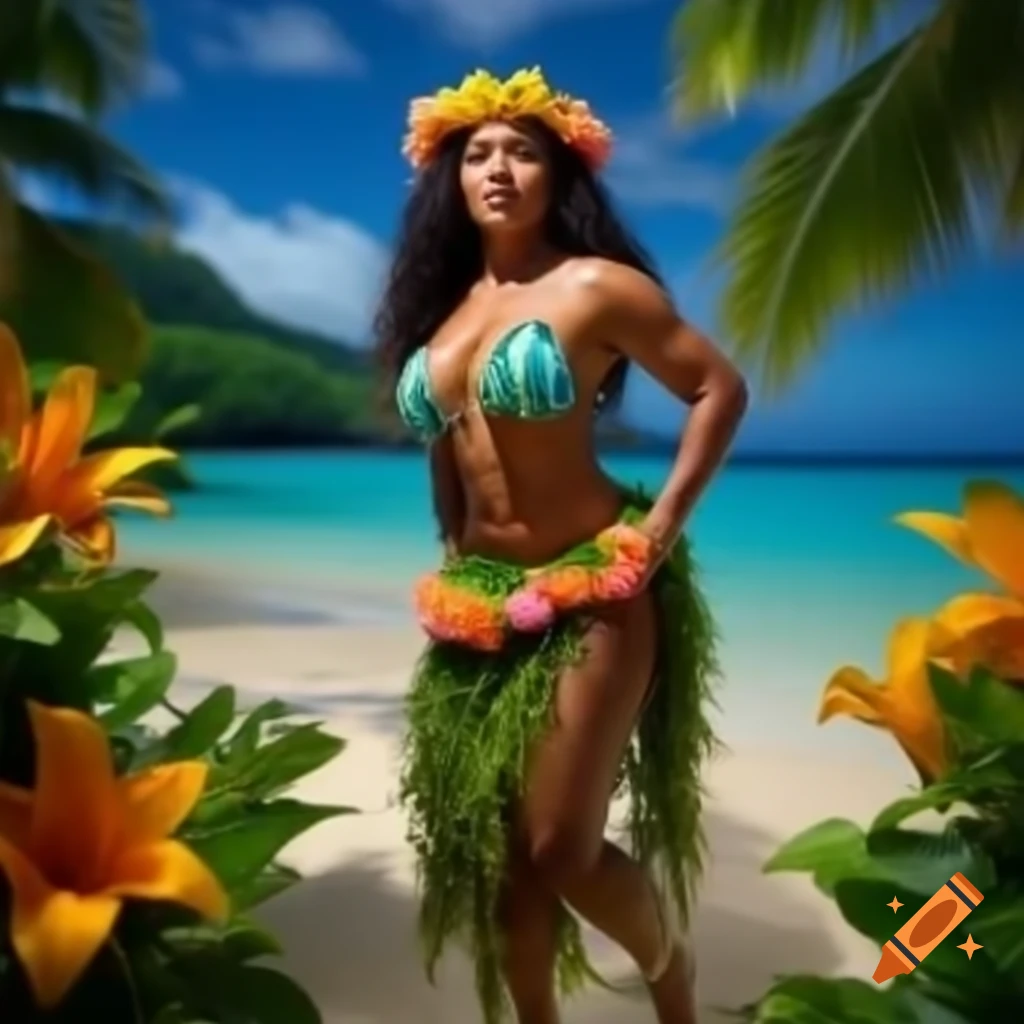 Tahiti dancer on beach adorned with tropical flowers
