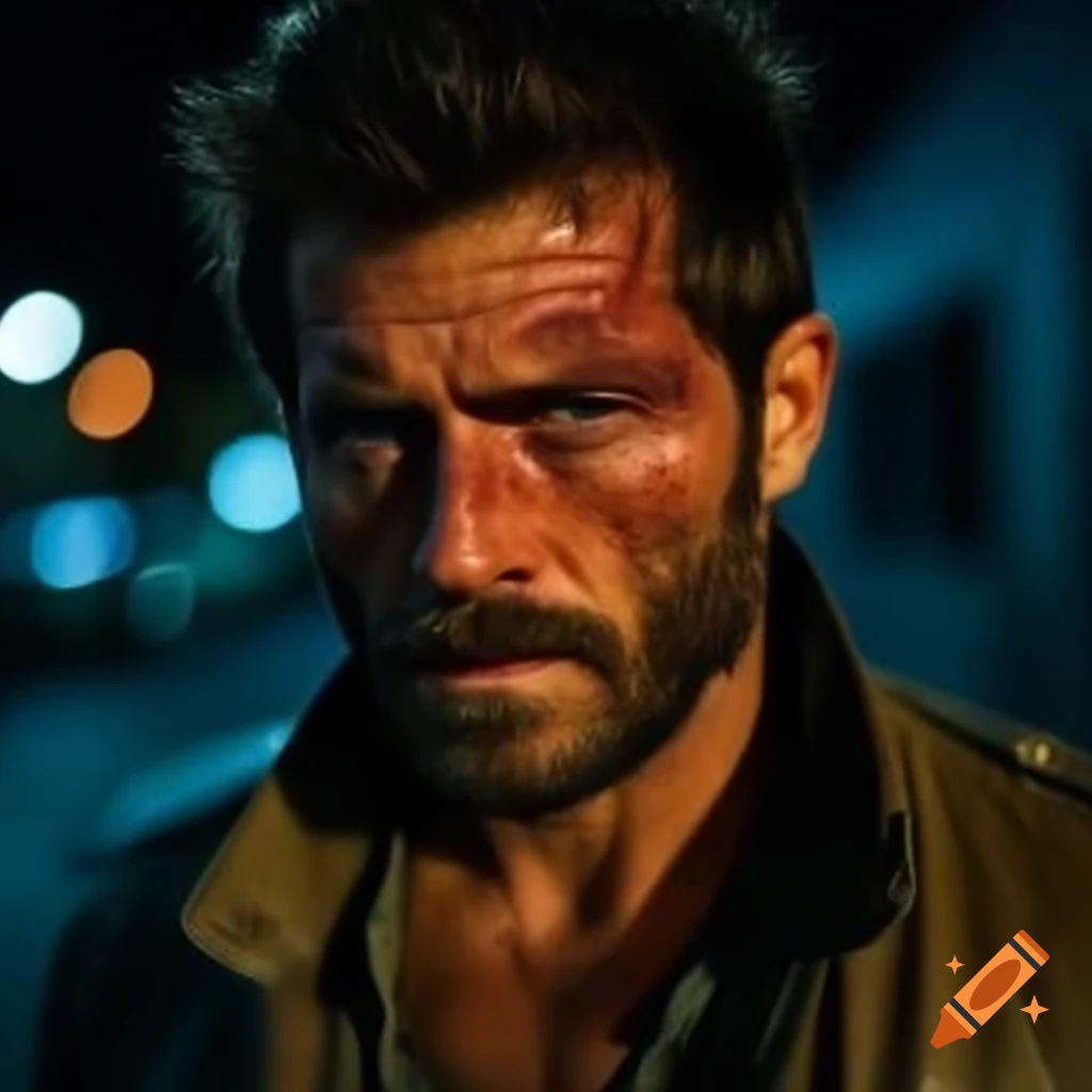 Rugged Spanish man with burn scars wearing leather jacket in San Francisco at night