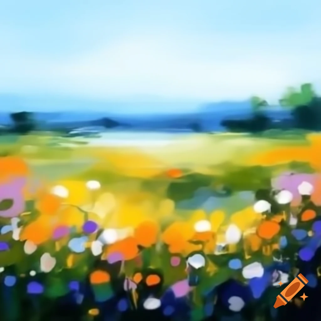 Abstract landscape featuring wildflowers in oil paint