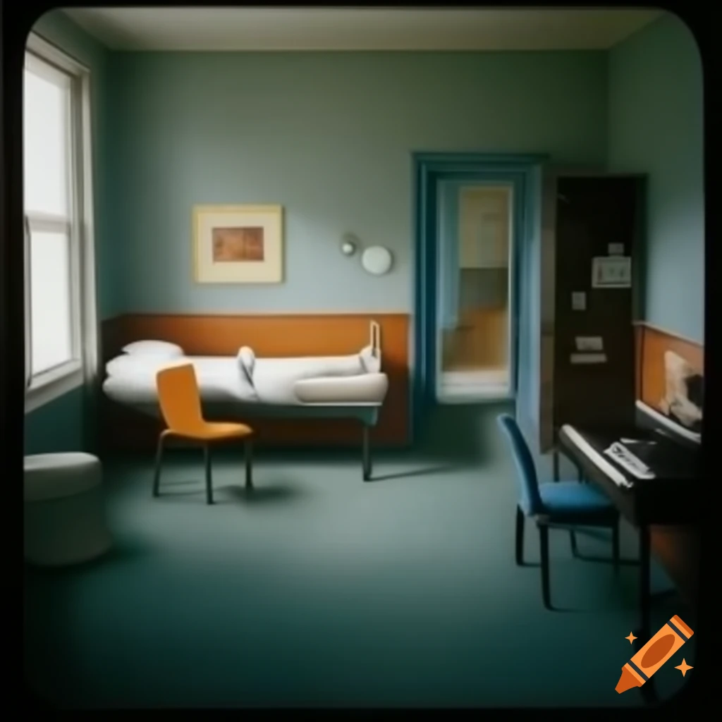 Cozy dimly lit room with vintage decor and rainy street view at night