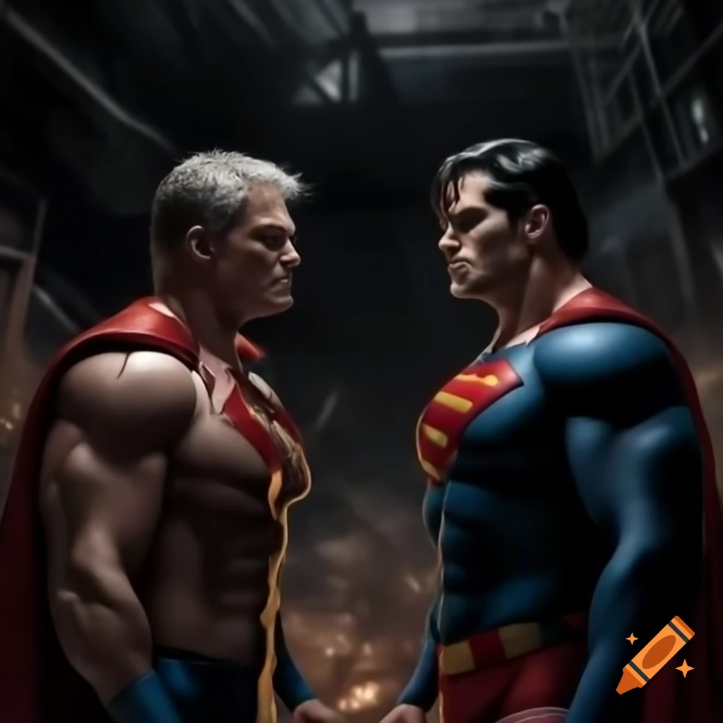 Photorealistic arm wrestling match between heroic characters with intense expressions