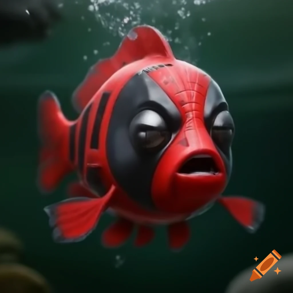 Realistic fish shaped like deadpool swimming in water on craiyon