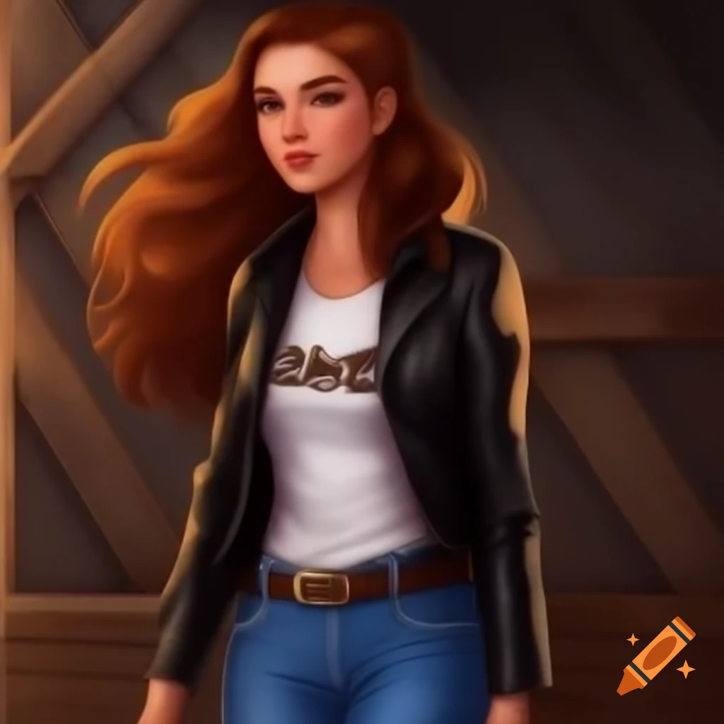 Hyperrealistic portrait of a woman in casual outfit looking through barn door