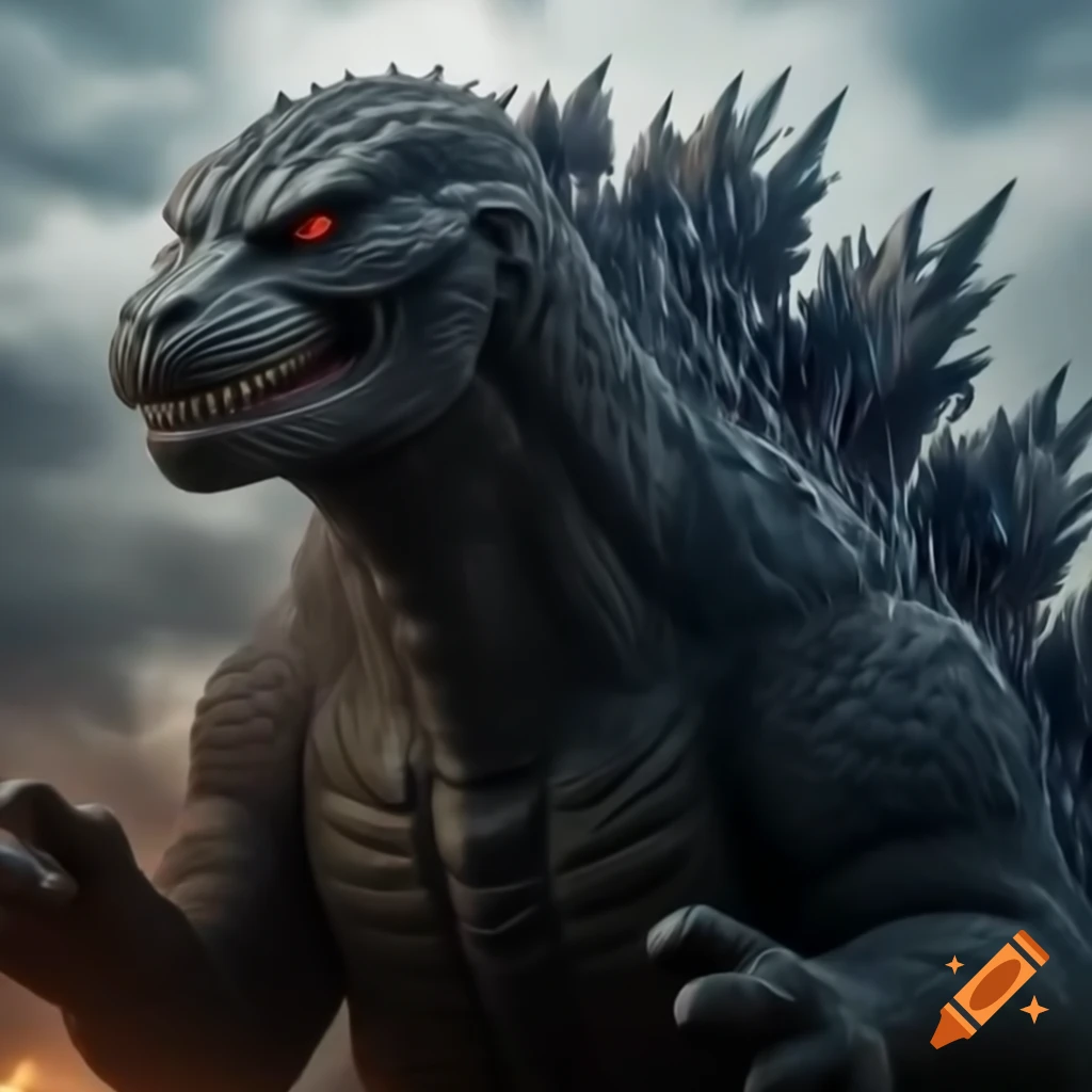 Putin riding Godzilla in Dream War, dramatic scene
