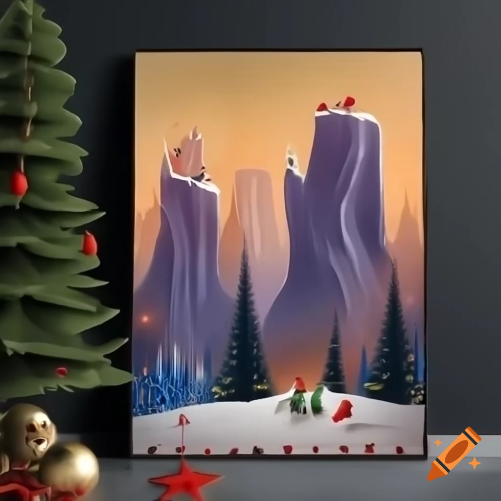 Panorama illustration of Christmas forest blending Native Salish and Russian fairy tale motifs with evergreens