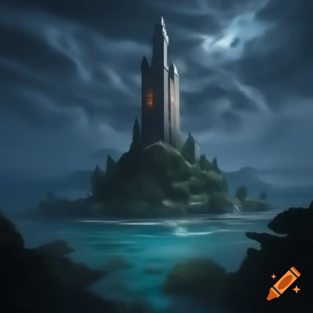 Tall magical tower on island with forcefield in vast ocean at night