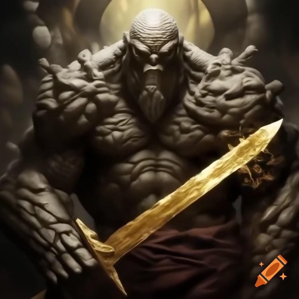 Stone golem wielding gold sword in Magic the Gathering art style