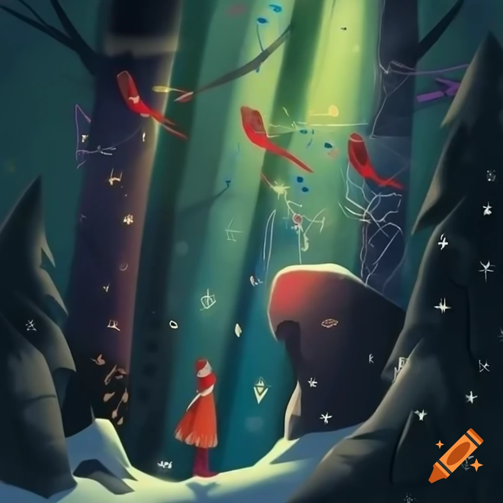 Panorama illustration of Christmas forest blending Native Salish and Russian fairy tale motifs with evergreens