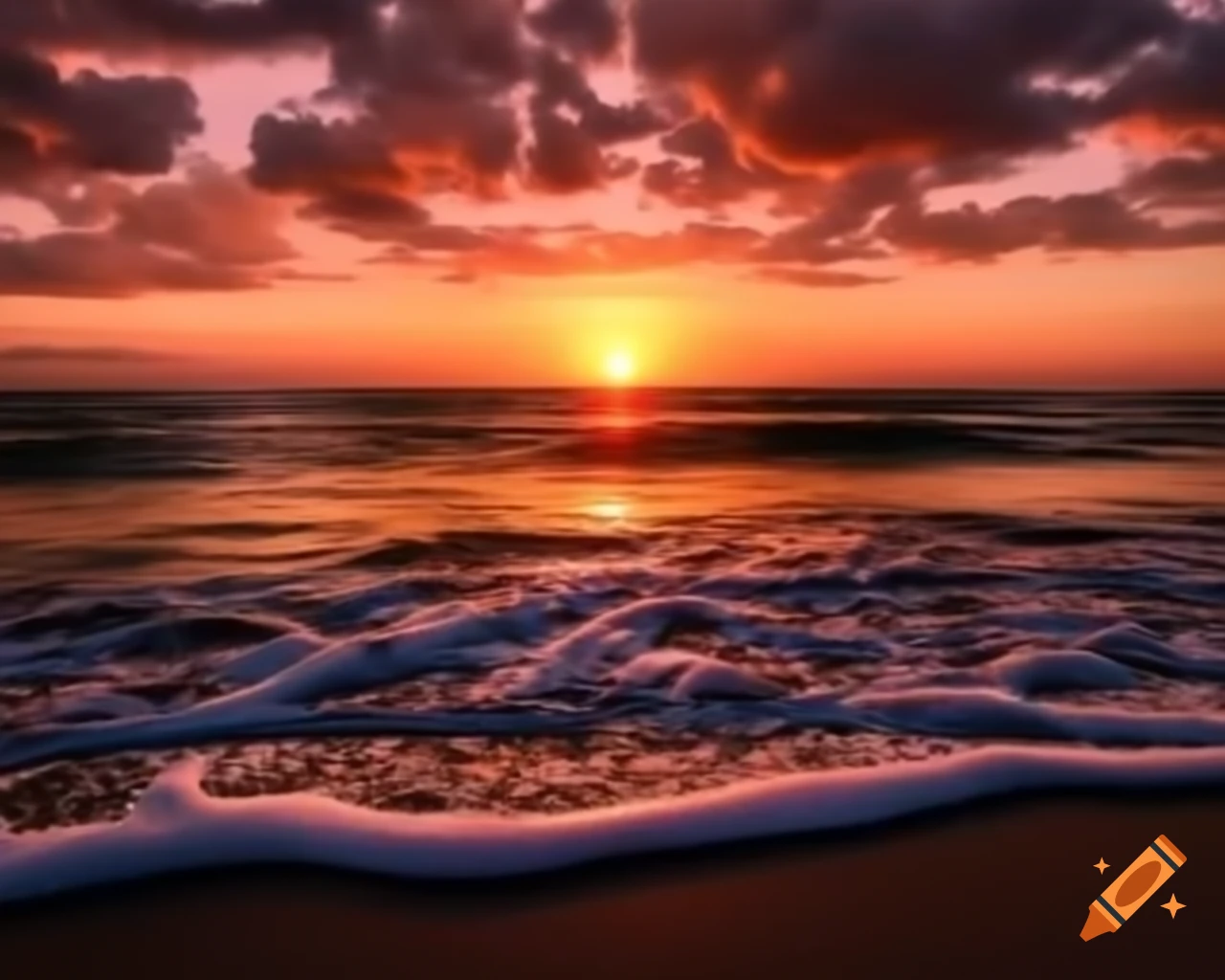 Realistic beach sunset with orange and pink skies