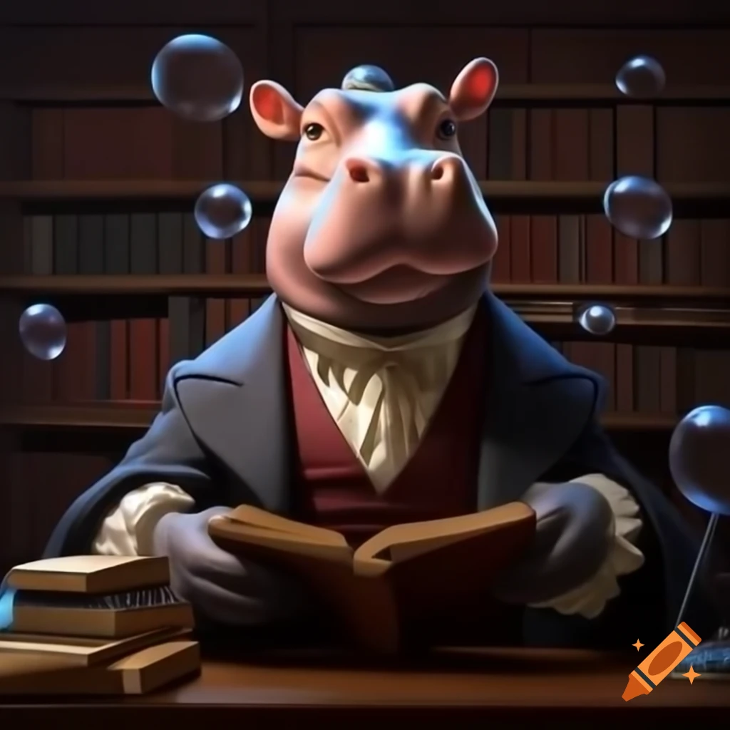 Anthropomorphic hippo in 18th century wig and barrister outfit in magical library
