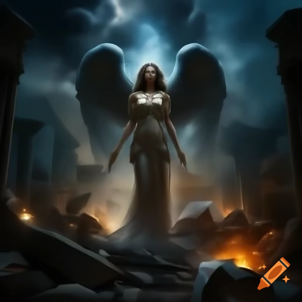 Dream War aftermath with ruins, smoke, and mythological creatures