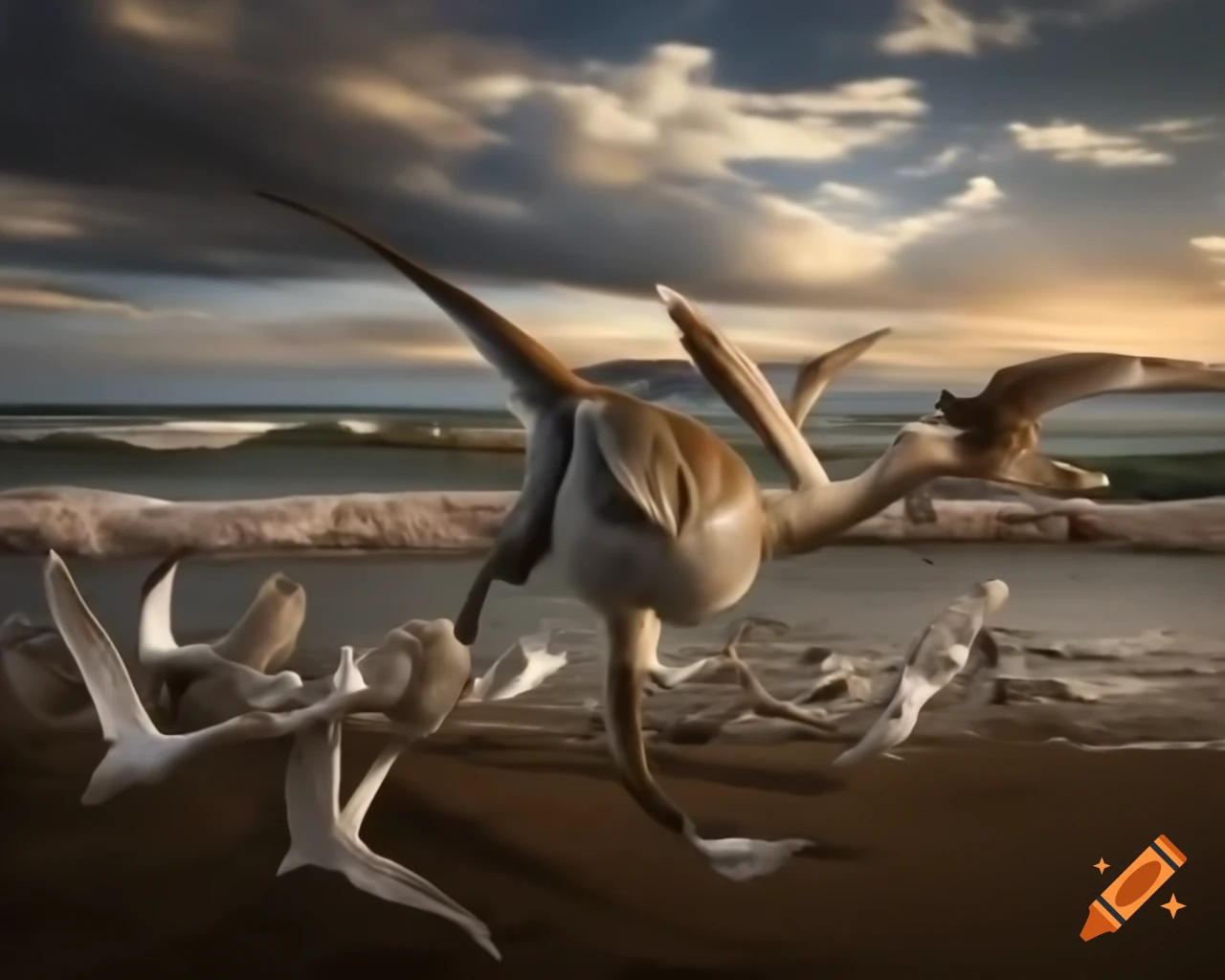 Allosaurus observing seagulls on a coastal shore with sand ripples and driftwood