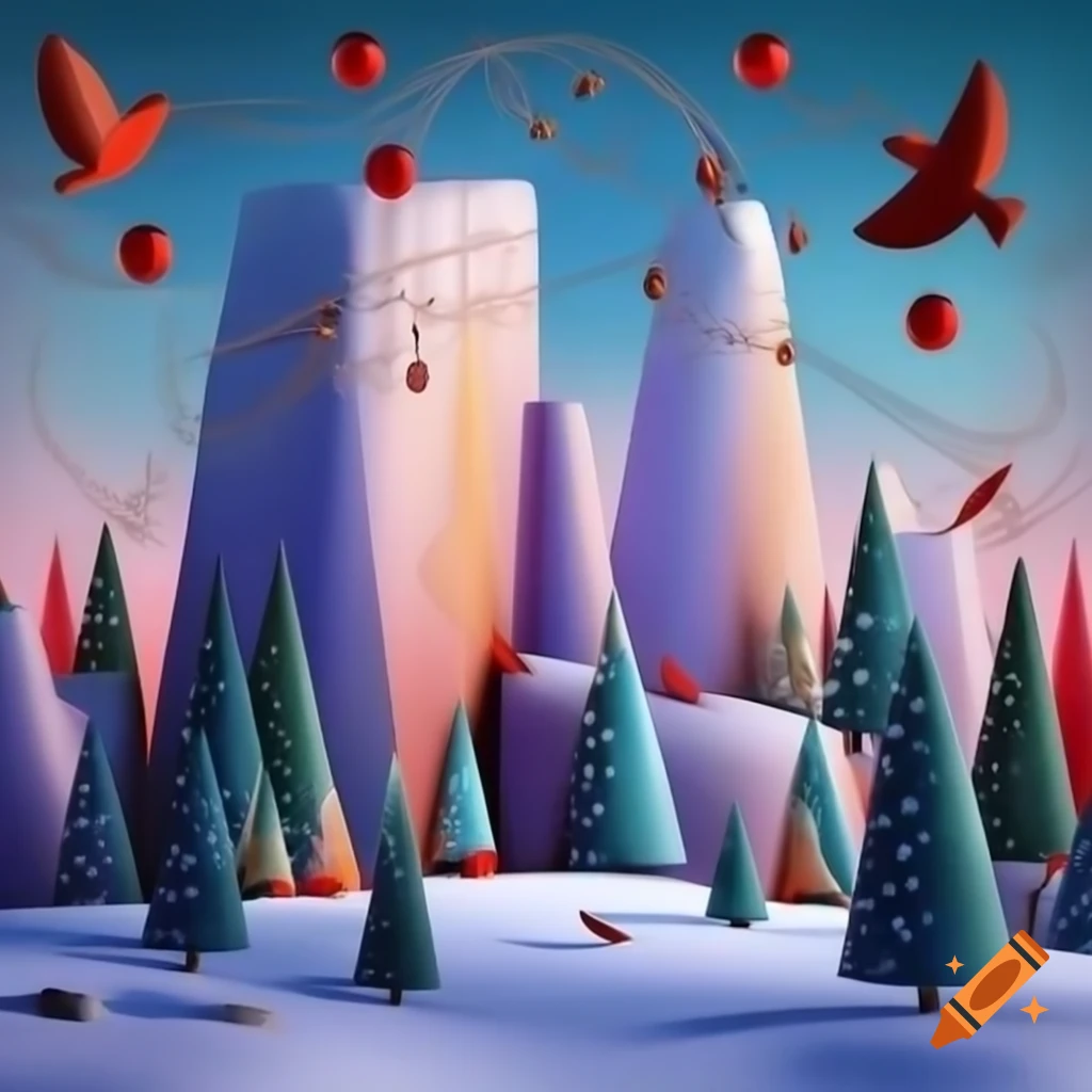 Panorama illustration of Christmas forest scene with Salish and Russian fairytale motifs