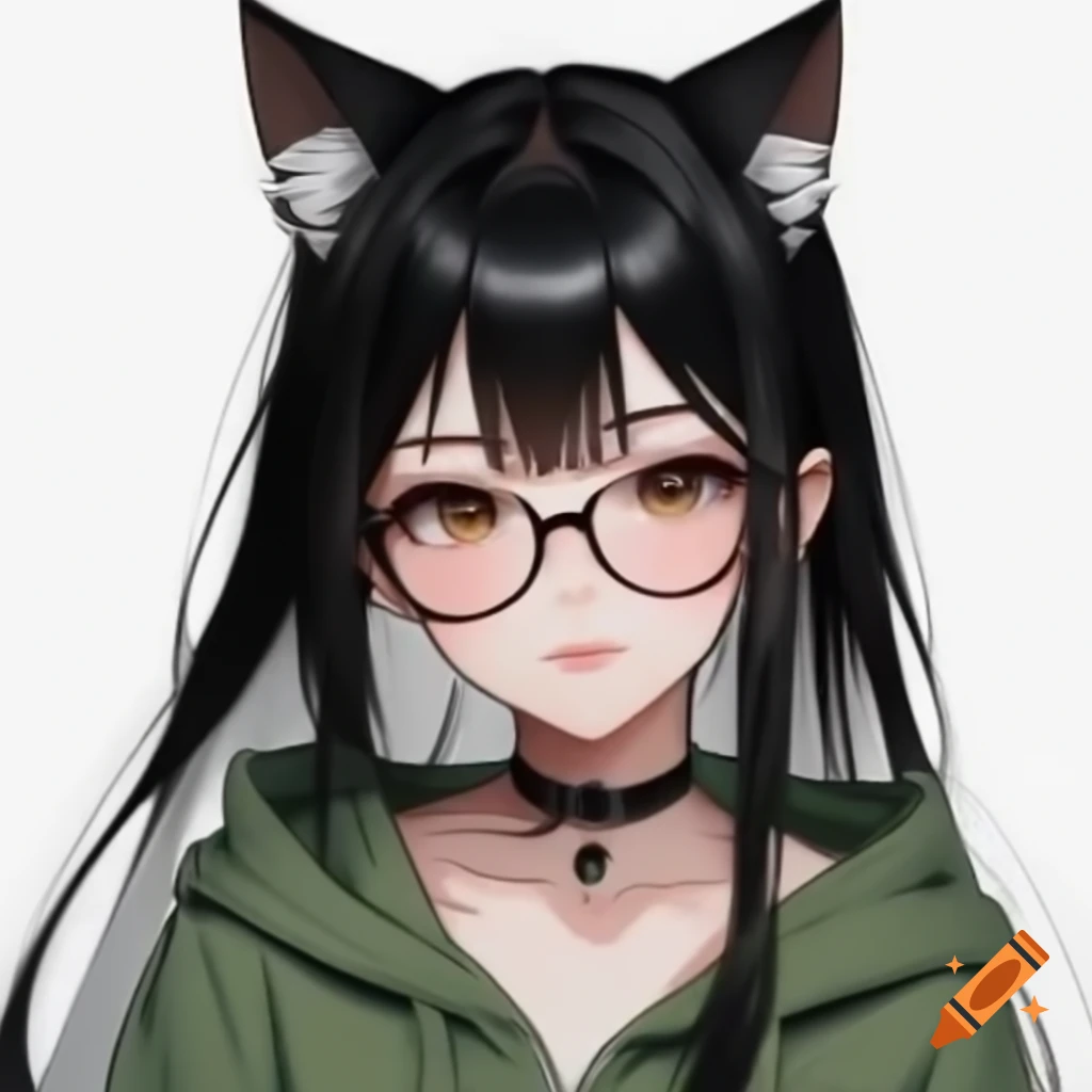 Anime girl with long black hair, glasses, and cat ears wearing a green hoodie