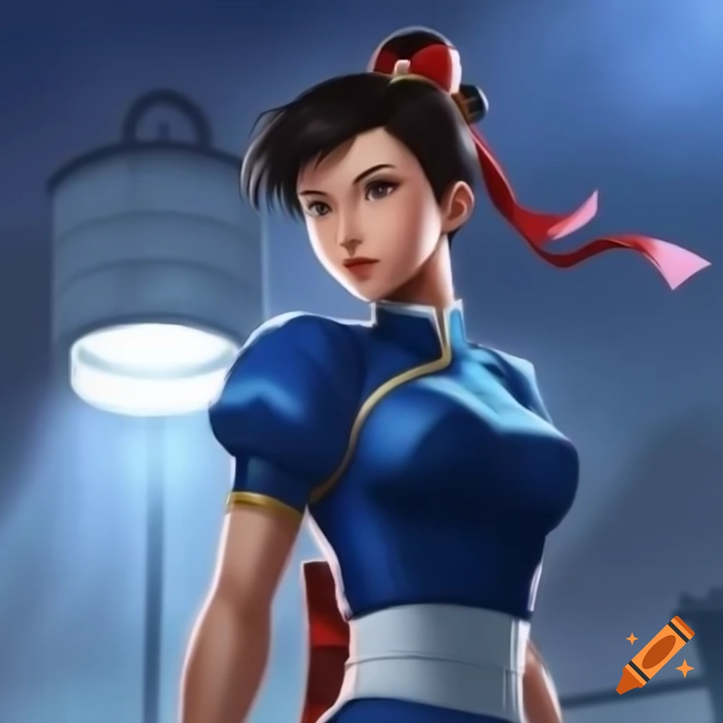Anime-style Chun-li from Street Fighter in front of floodlight