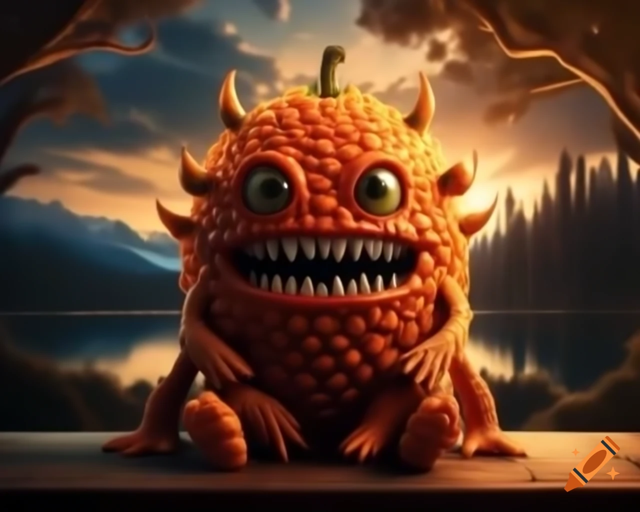 3D orange tree monster with human face on wooden table in forest