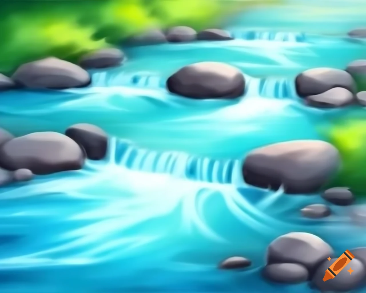 Cartoon style watercolor creek flowing over pebbles in aqua blue and sandstone