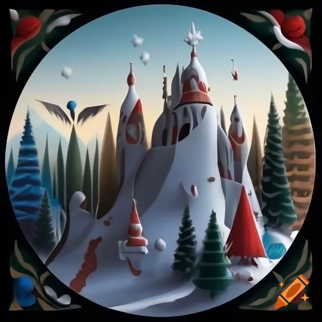 Panorama illustration of Christmas forest blending Native Salish and Russian fairy tale motifs with evergreens