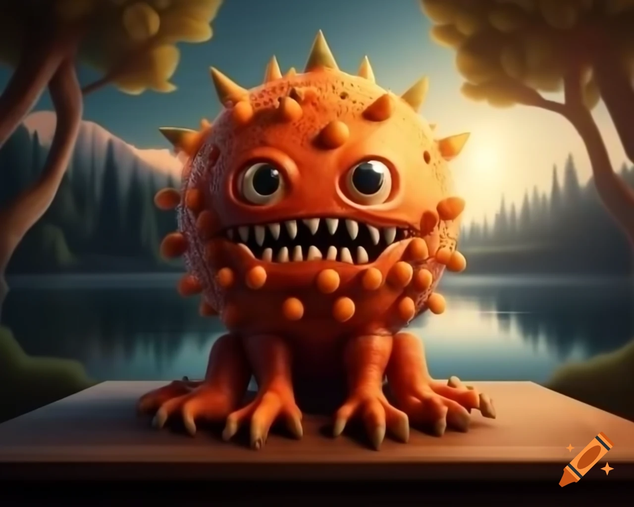 3D orange tree monster with human face on wooden table in forest