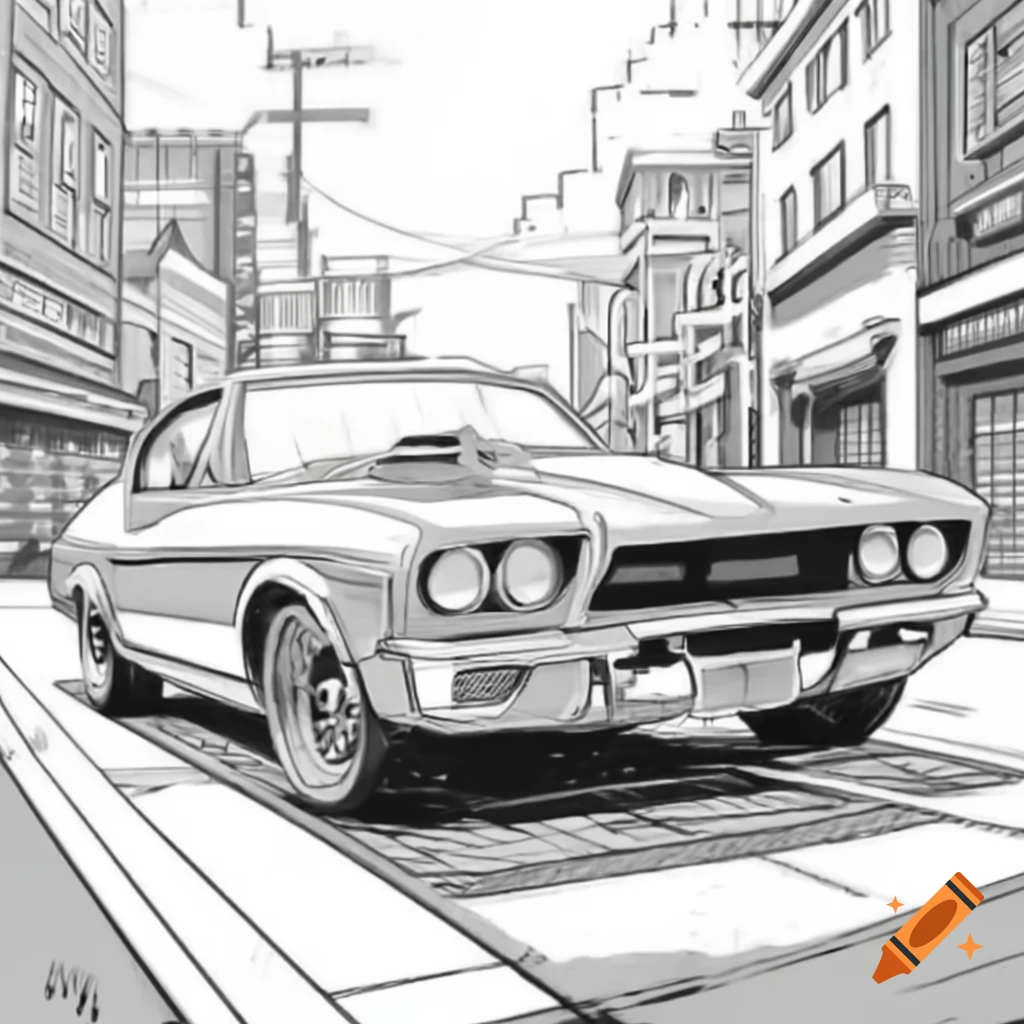 Detailed line art of classic car in realistic city setting for coloring