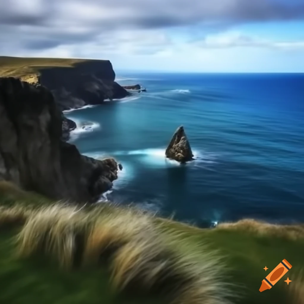 Seaside rocky cliffs covered in grass overlooking ocean