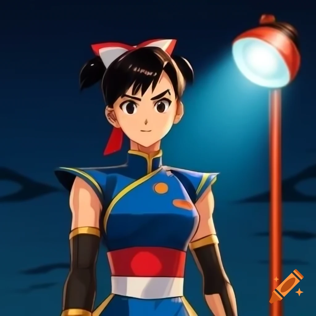 Anime portrayal of Chun-li from Street Fighter in front of floodlight