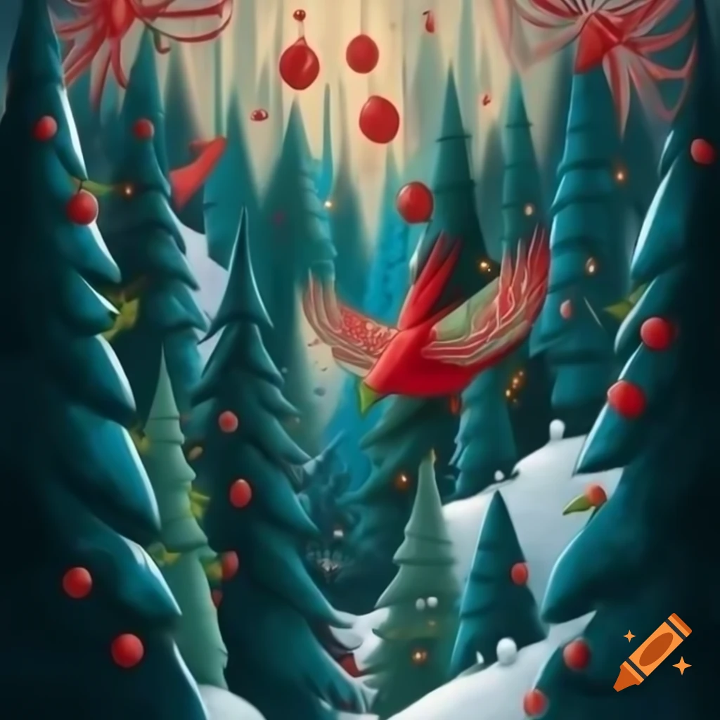 Panoramic illustration of Christmas forest scene blending Salish and Russian fairytale motifs with evergreens