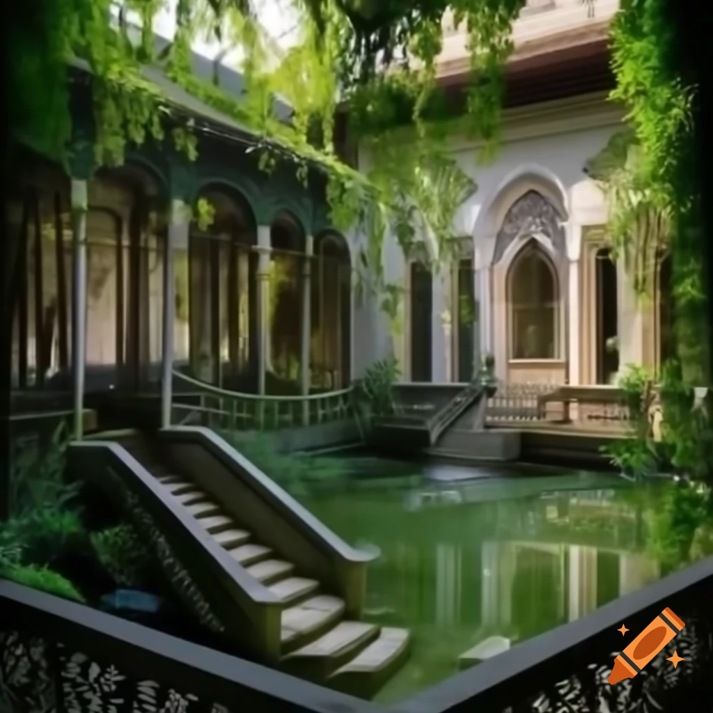 Lush garden with high trees, pond, fountain, baroque stairway, and Islamic artful window