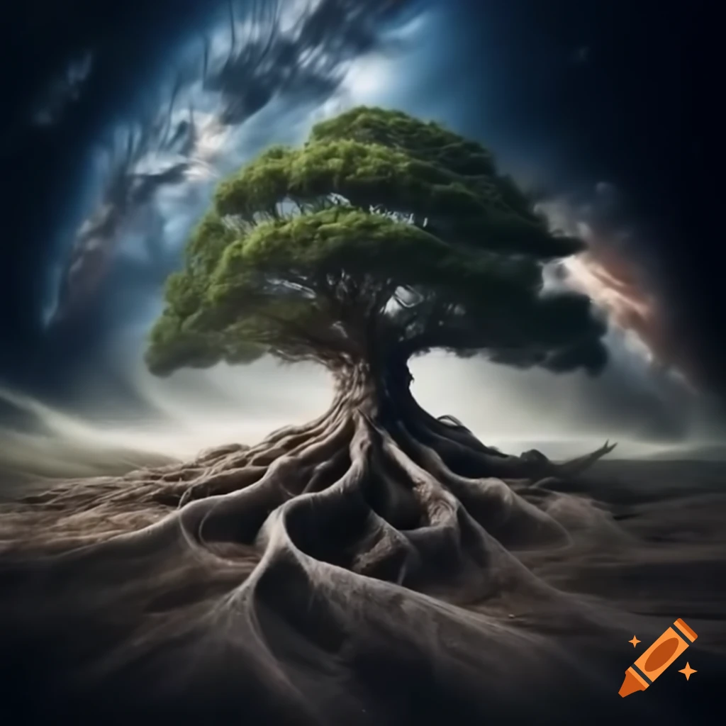 Giant tree with roots and branches resembling a spiral galaxy