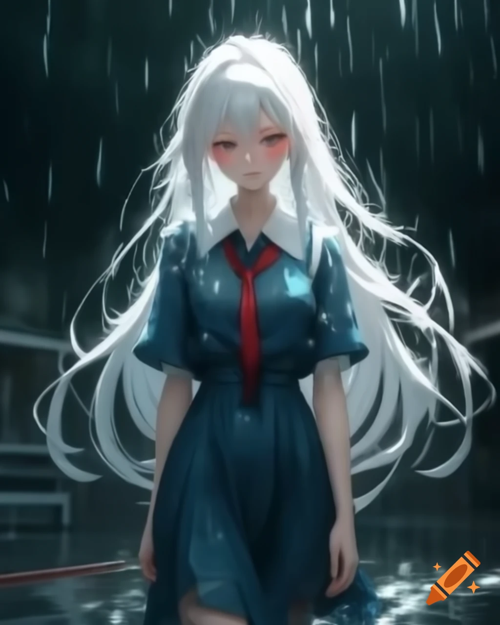 Anime character with white hair and dress in the rain, realistic style