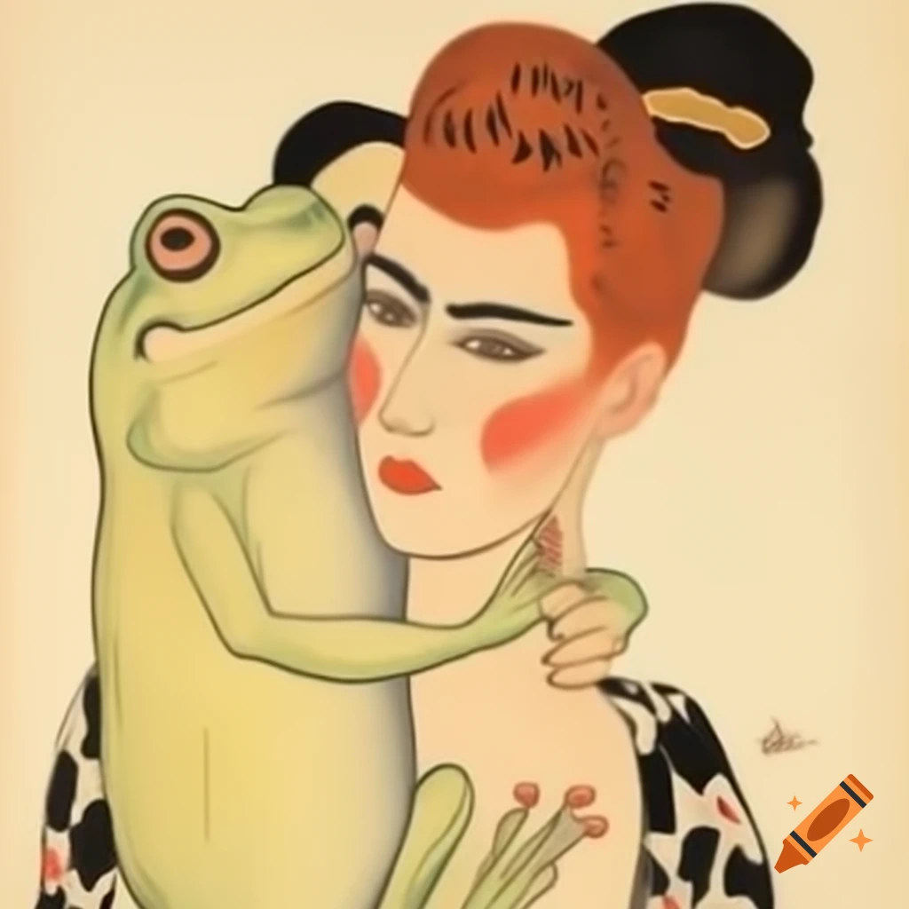 Vintage oil painting of frog and woman kissing in Egon Schiele style