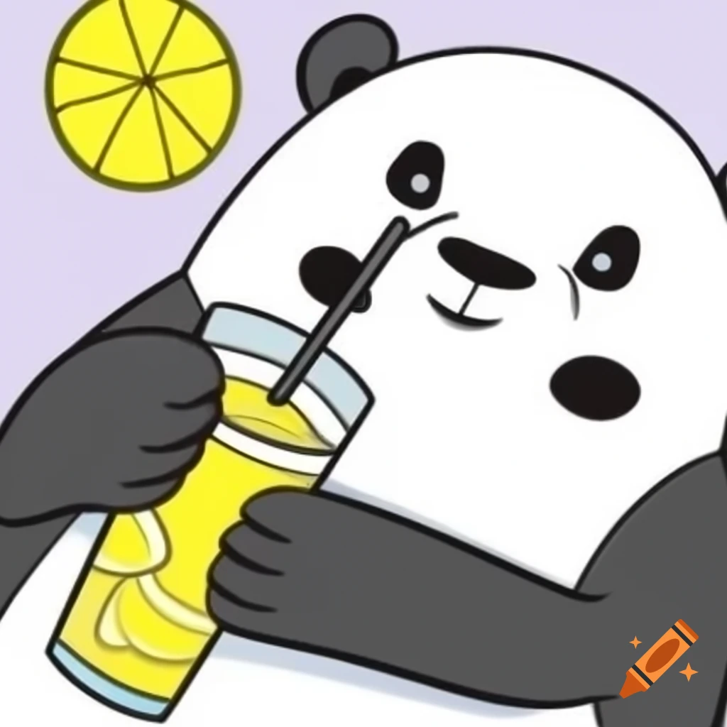 Cartoon panda bear enjoying a lemon drink