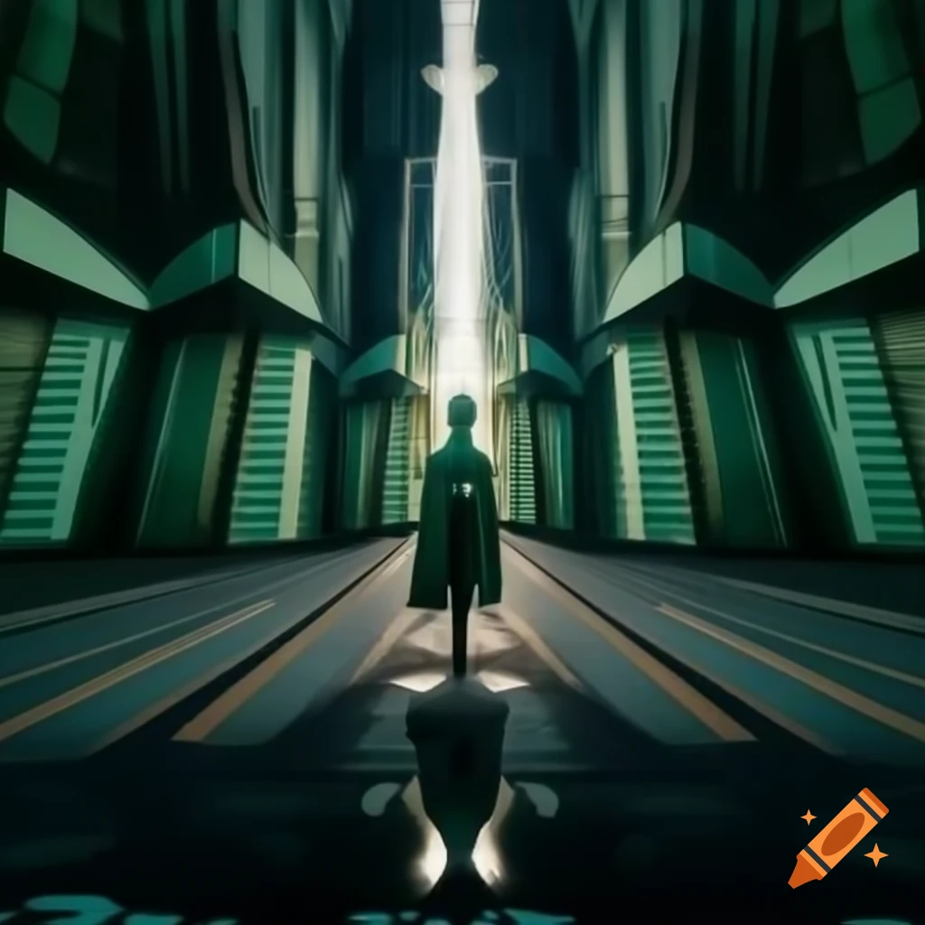 Dystopian future vision featuring Art Deco geometric elegance in deep blue and teal colors