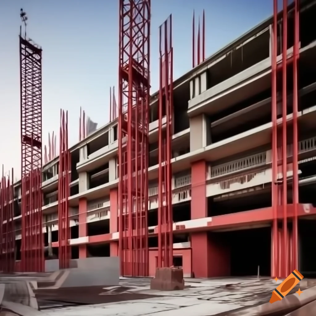 Building construction company cover photo featuring red and grey structures under construction
