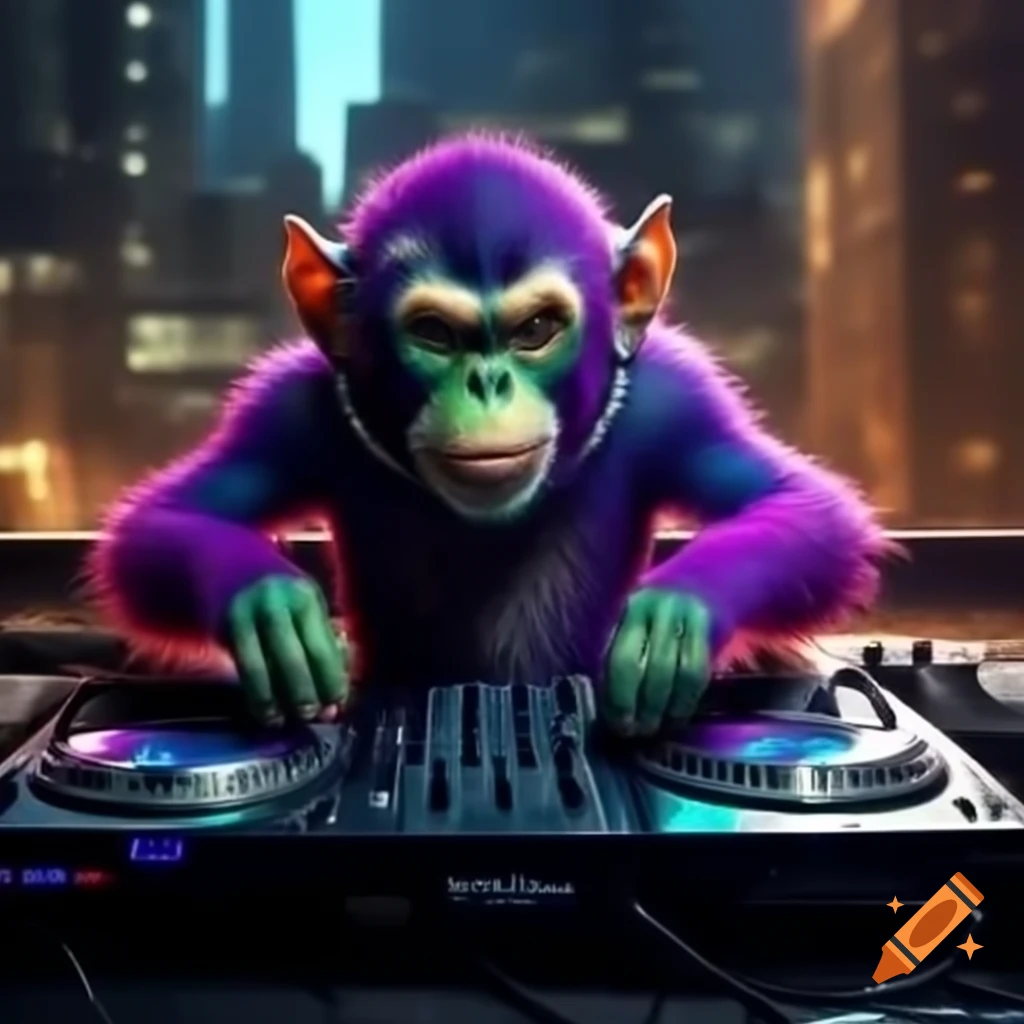 Purple monkey goblin hybrid DJ at urban rooftop party