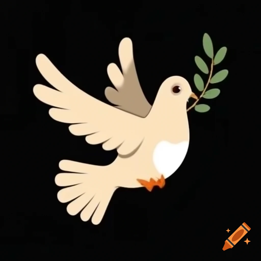 Cartoon dove holding olive branch on black background