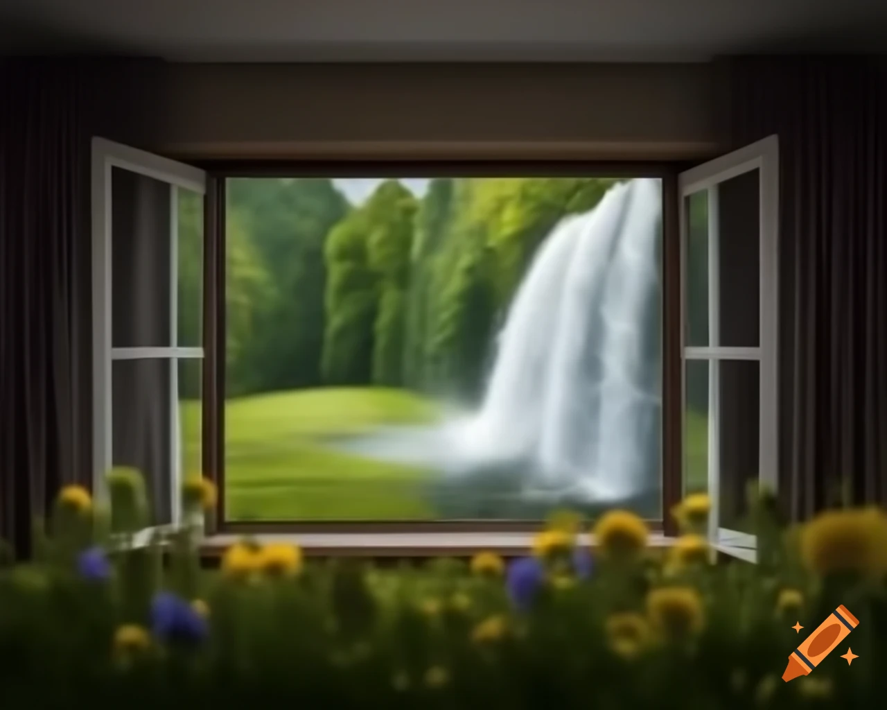 Surreal room with waterfall crashing through window, meadow with flowers visible outside