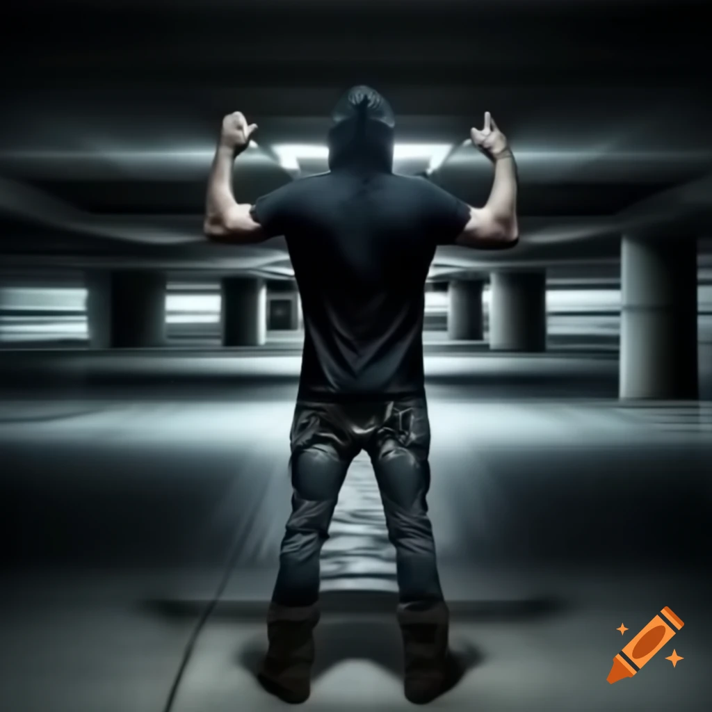 Masked figure in t-pose standing in underground parking garage