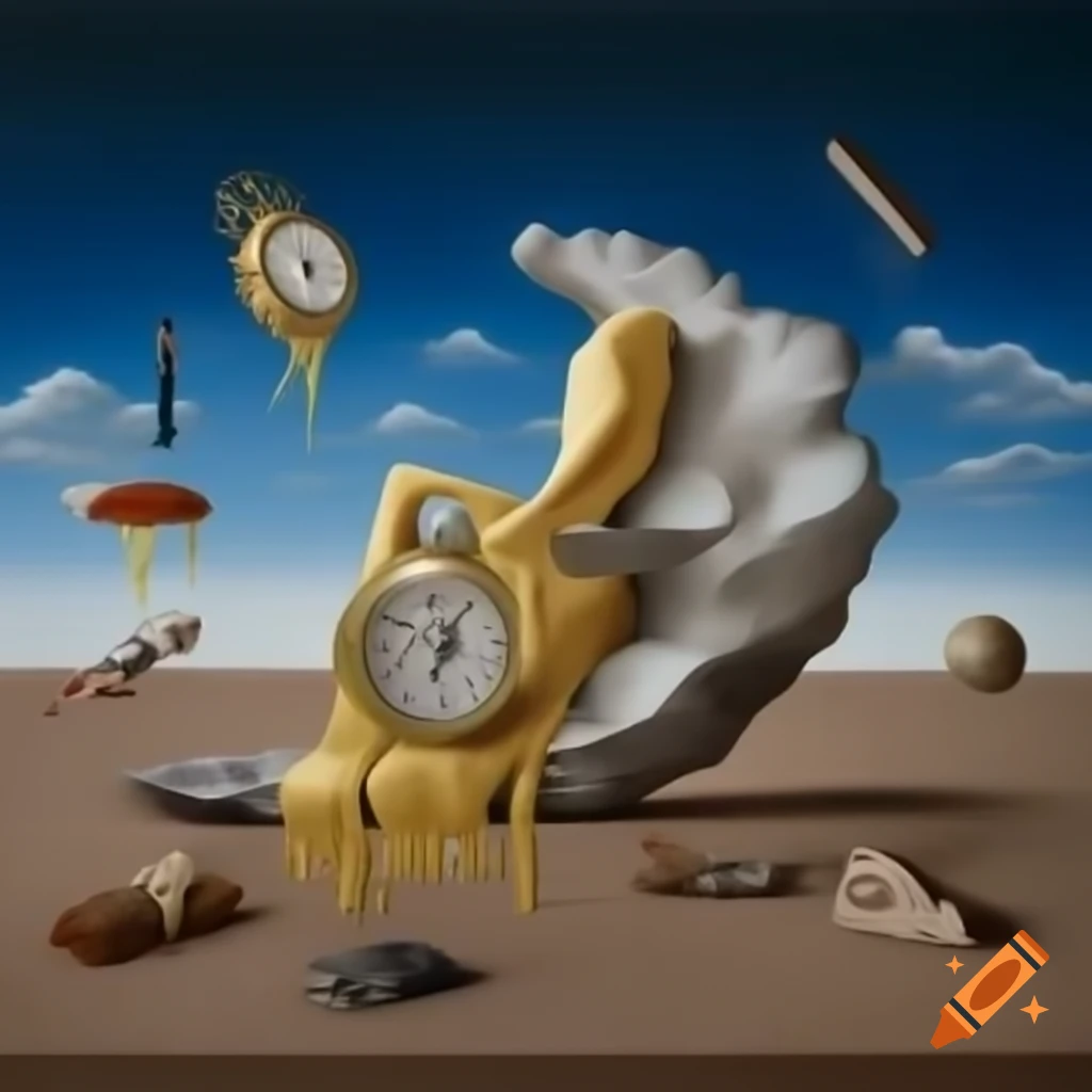 Surrealist scene with melting clocks and twisted objects in dreamlike landscape