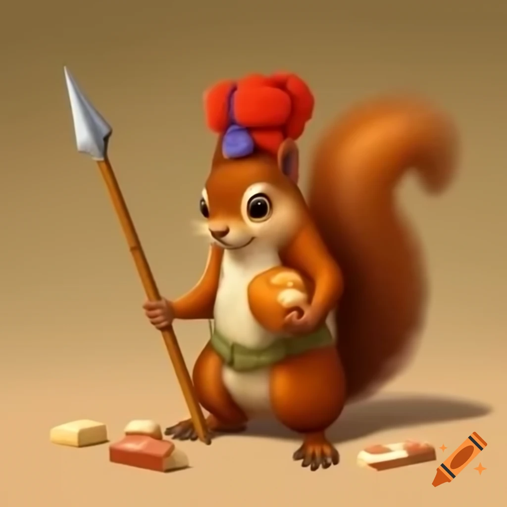 Comic squirrel in turban holding spear guarding marzipan and nougat in oriental setting