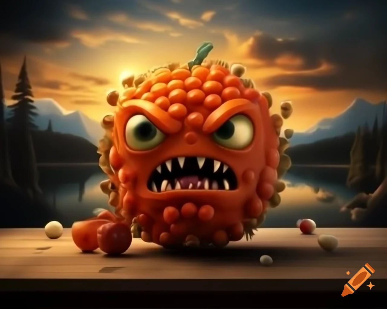 Hyper-realistic 3D orange fruit monster with human features on wooden table