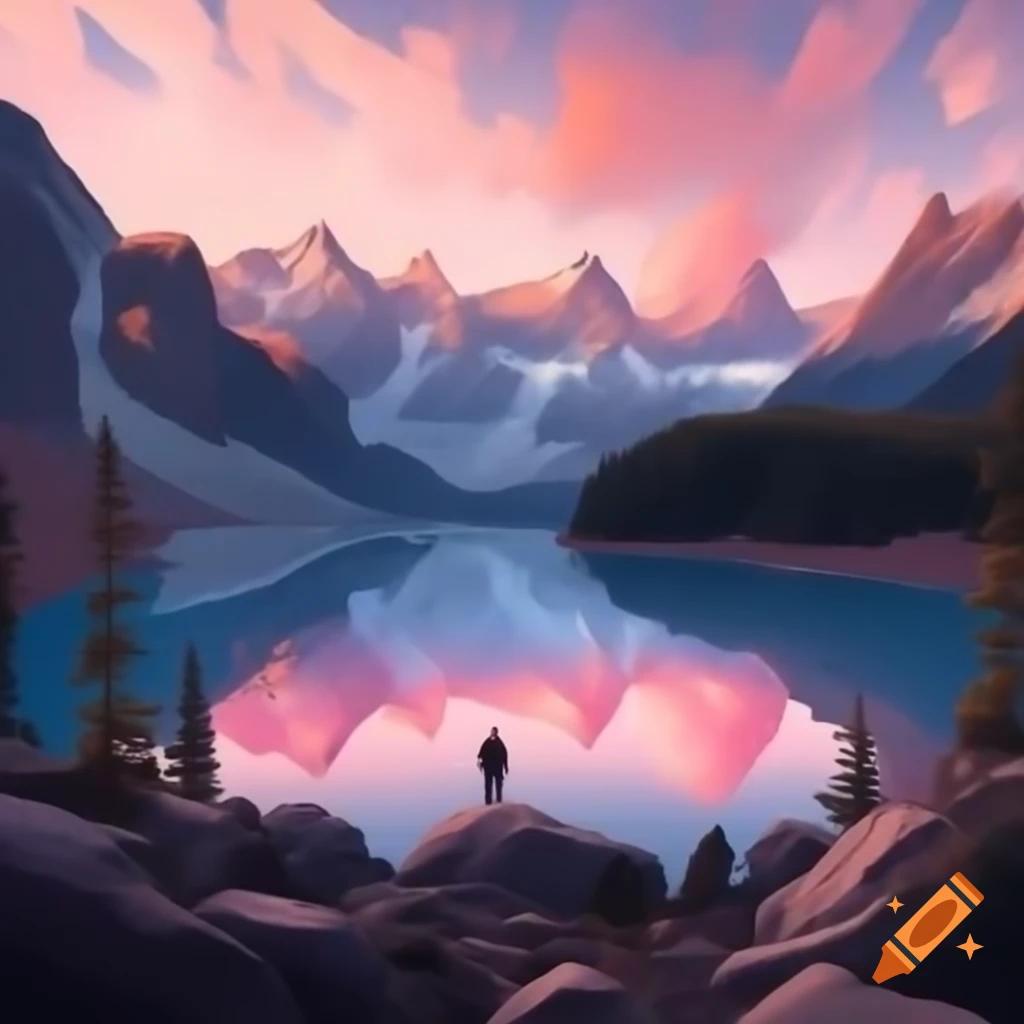 Serene mountain landscape at dawn with pastel hues and reflective lake